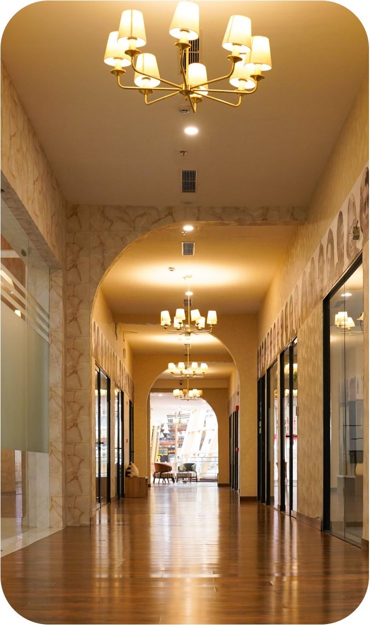 Arched hallway with chandeliers