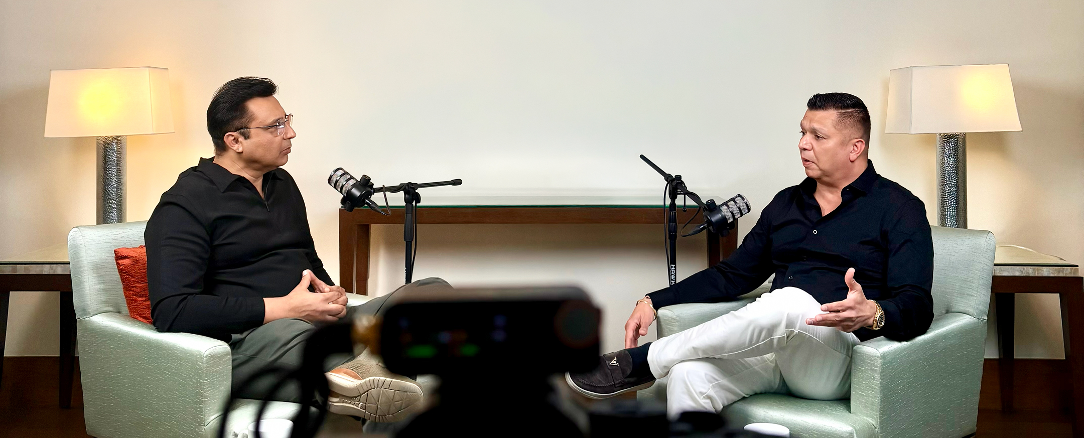 A podcast conversation being recorded