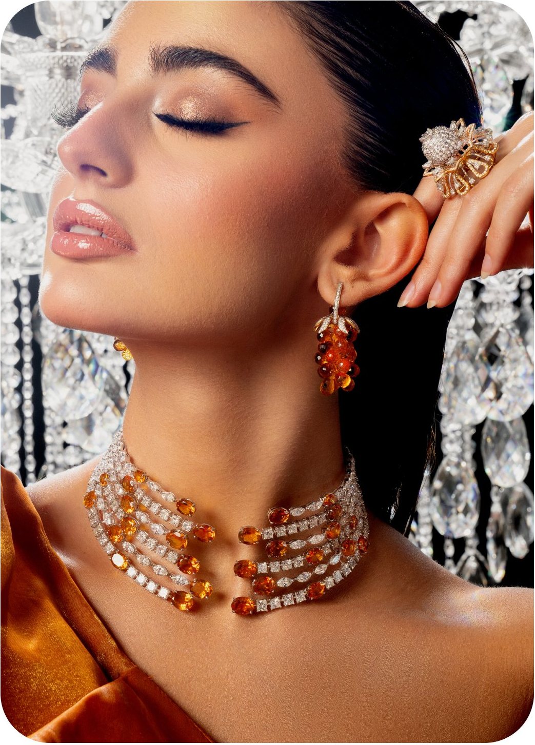 Model with an orange statement necklace